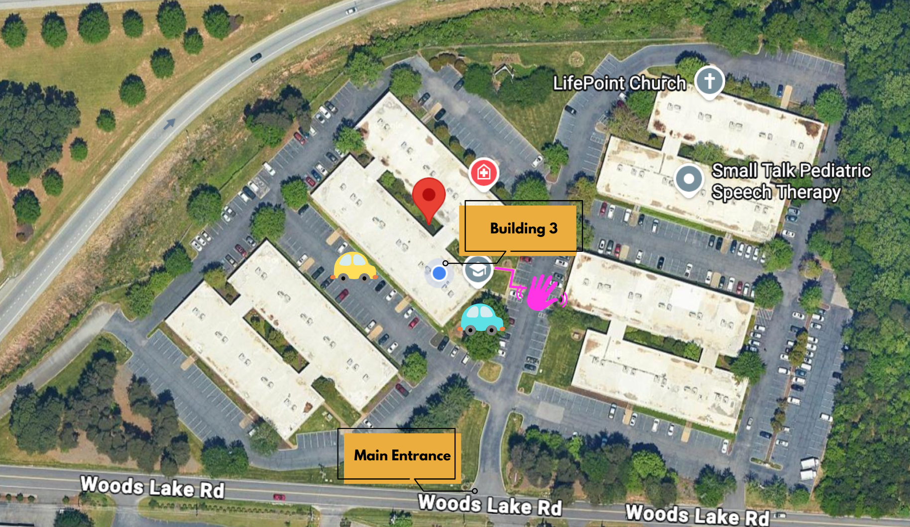 Aerial map of the office park showing the main entrance, Building 3, parking spots, and the walking path